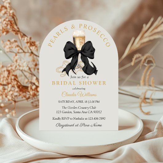 Pearls Prosecco Black Bow Bridal Shower Invitation Einladung