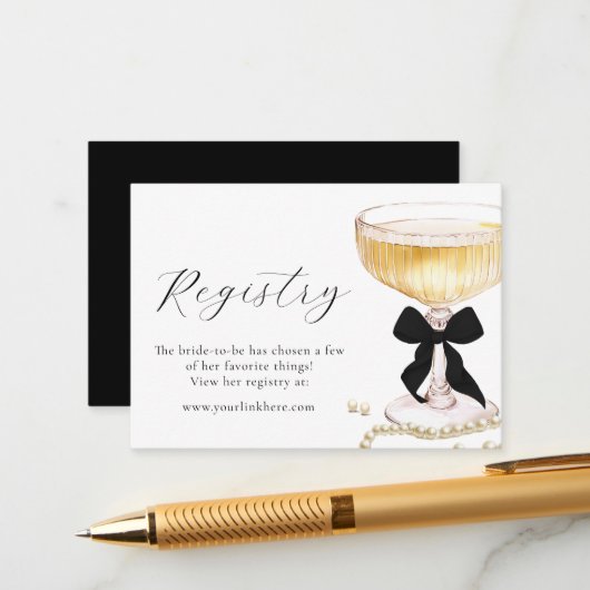 Pearls Prosecco Black Bow Bridal Shower Registry  Begleitkarte (Vorderseite/Rückseite Beispiel)