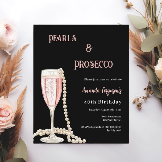 Pearls Prosecco Black Pink Einladung zum Geburtsta