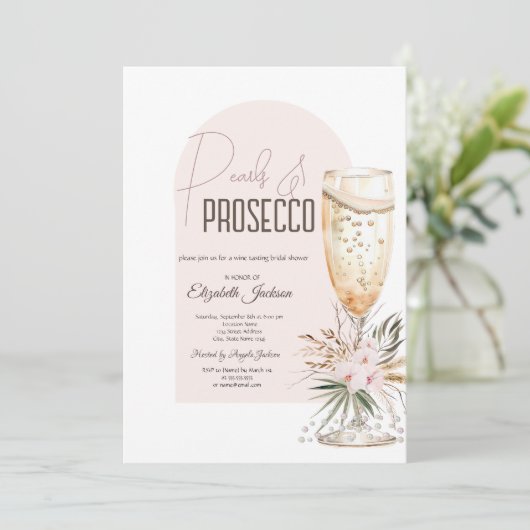 Pearls Prosecco Boho Blume Brunch & Bubbly Einladung (Stehend Vorderseite)