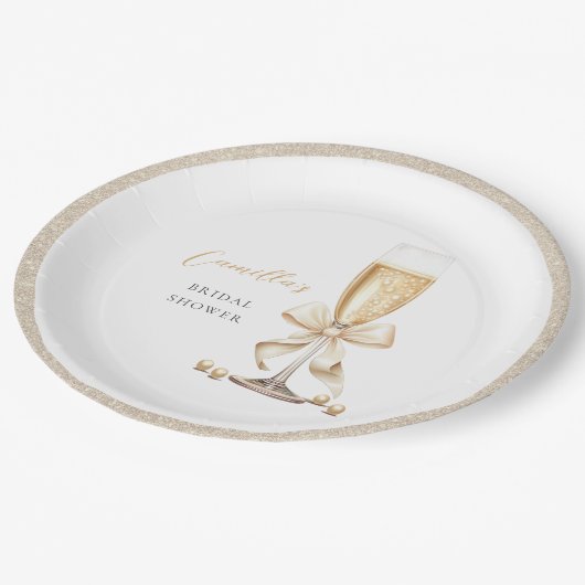 Pearls & Prosecco Bow Brautparty Pappteller (Schrägansicht)
