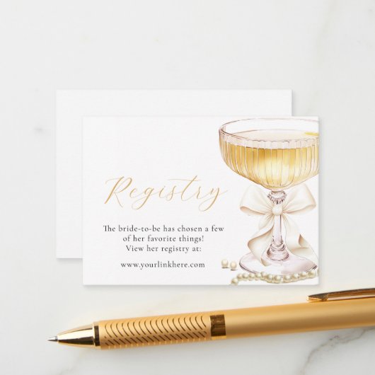 Pearls & Prosecco Bow Bridal Shower Registry Begleitkarte (Vorderseite/Rückseite Beispiel)