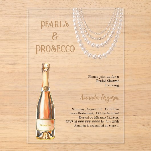 Pearls Prosecco Brautparty klar Acryleinladungen (Vorderseite)
