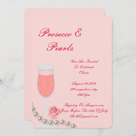PEARLS & PROSECCO BRAUTPARTY PINK EINLADUNG (Vorne/Hinten)