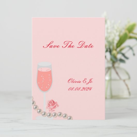 PEARLS & PROSECCO BRAUTPARTY PINK SAVE THE DATE (Stehend Vorderseite)