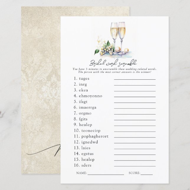 Pearls & Prosecco Brautparty Word Scramble Game (Vorne/Hinten)