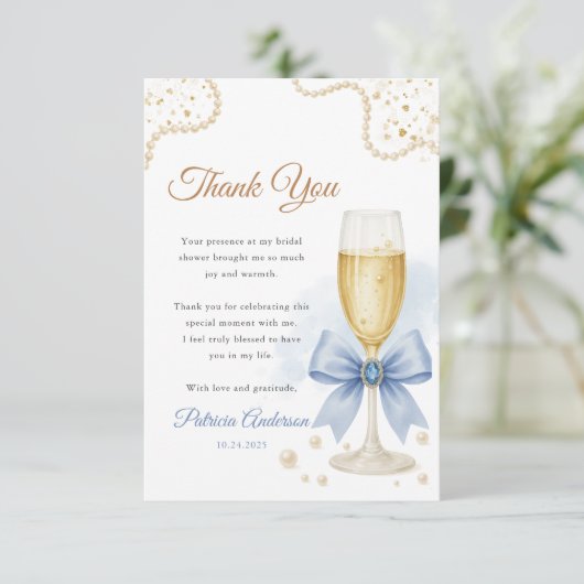Pearls & Prosecco Bridal Shower Thank You Card Dankeskarte (Stehend Vorderseite)