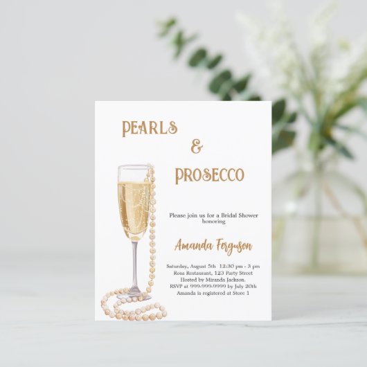Pearls Prosecco bubbly Bridal Dusche Einladung (Stehend Vorderseite)