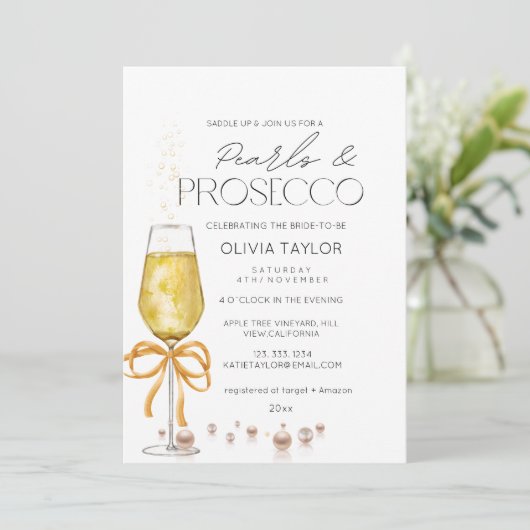 Pearls & Prosecco Champagne Bow Brautparty Einladung (Stehend Vorderseite)