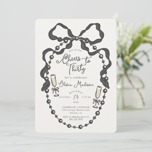 Pearls & Prosecco Coquette Bow Brautparty Invit (Stehend Vorderseite)