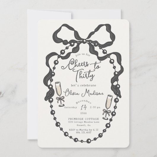 Pearls & Prosecco Coquette Bow Brautparty Invit (Vorderseite)