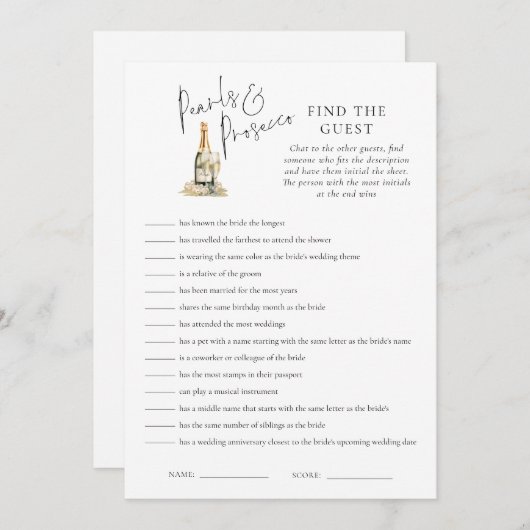 Pearls Prosecco Game Card Brautparty suchen Einladung (Vorne/Hinten)