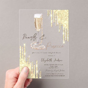 Pearls Prosecco Gold Glitzer Tropfen Brautparty Acryleinladungen
