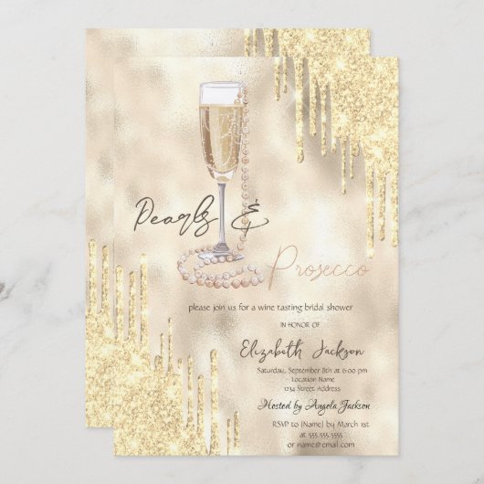 Pearls Prosecco Gold Glitzer Tropfen Brautparty Einladung (Vorne/Hinten)