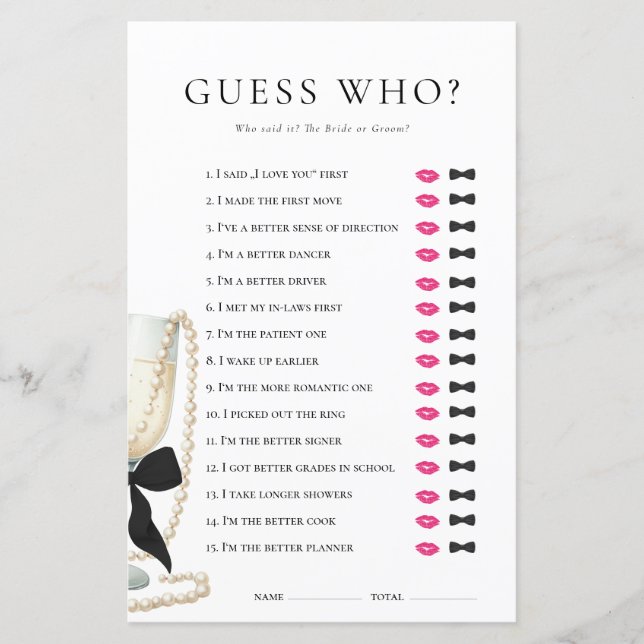 Pearls Prosecco He did She did Bridal Shower Game (Vorderseite)