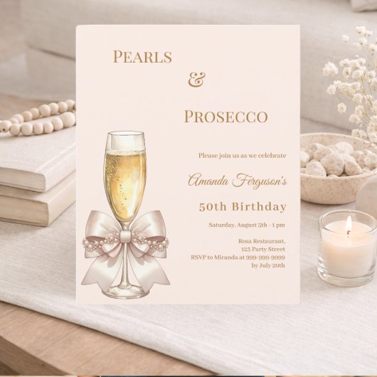 Pearls Prosecco ivory bow birthday invitation