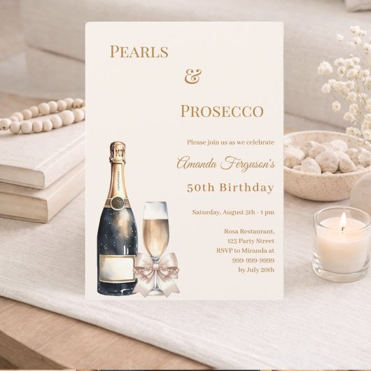Pearls Prosecco ivory bow elegant birthday  Einladung
