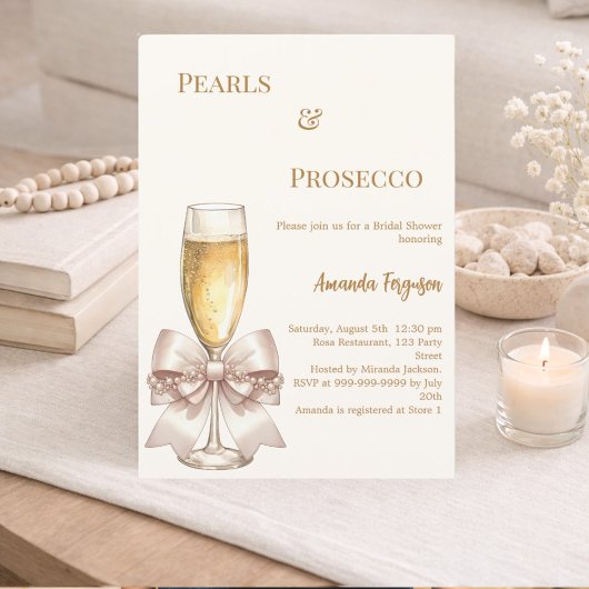 Pearls Prosecco ivory golden bow Bridal Shower Einladung
