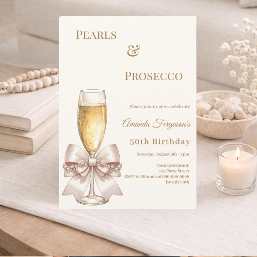 Pearls Prosecco ivory golden bow elegant birthday  Einladung