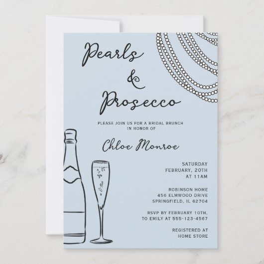 Pearls & Prosecco Moderner Dusty Blue Bridal Brunc Einladung (Vorderseite)