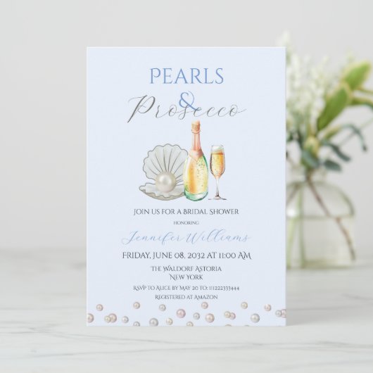 Pearls Prosecco Pearlcore Blaues Brautparty Einladung (Stehend Vorderseite)
