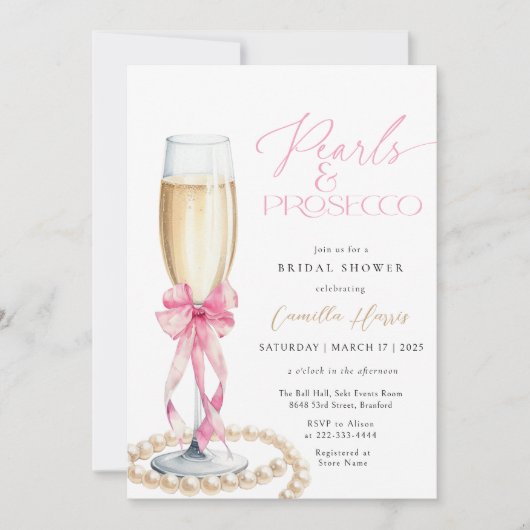 Pearls & Prosecco Pink Bow Brautparty Einladung (Vorderseite)