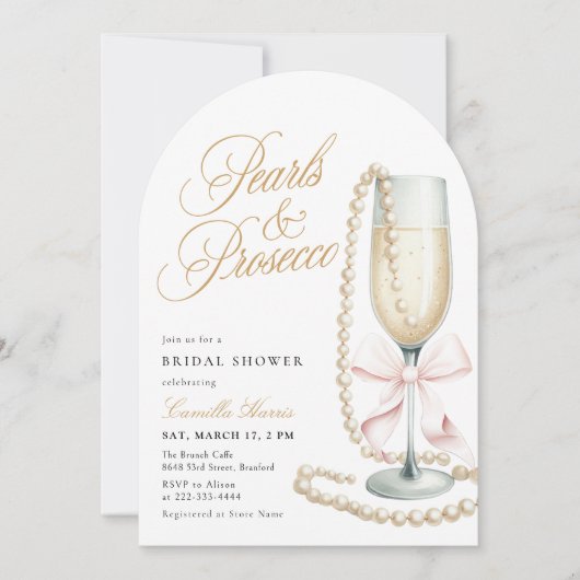 Pearls & Prosecco Pink Bow Bridal Shower Einladung (Vorderseite)