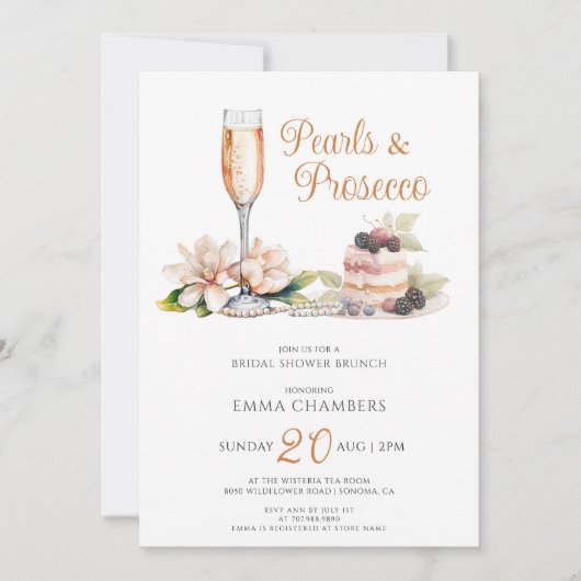 Pearls Prosecco Pink Cake Brautparty Brunch Einladung (Vorderseite)