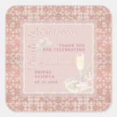 Pearls & Prosecco Rose Gold Brautparty Gefallen Quadratischer Aufkleber (Vorderseite)
