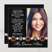 Pearls Ruby Red Black Gold Foto Quinceanera Einladung (Vorne/Hinten)