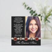 Pearls Ruby Red Black Gold Foto Quinceanera Einladung (Stehend Vorderseite)