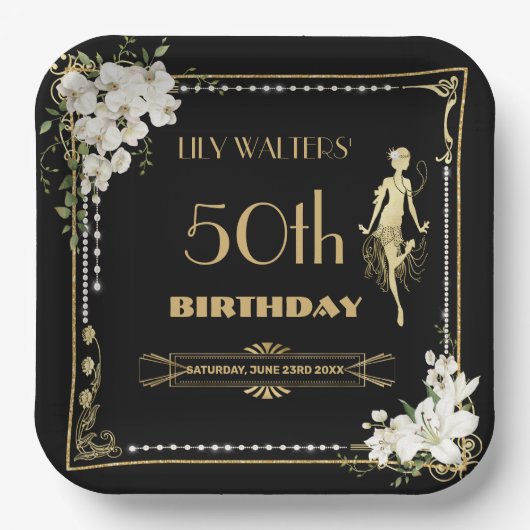 Pearls White Floral Art Deco Gatsby 20 s Geburtsta Pappteller (Vorderseite)