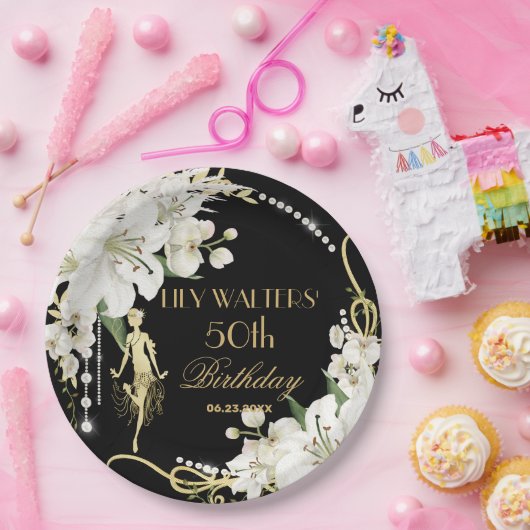 Pearls White Floral Art Deco Gatsby 20 s Geburtsta Pappteller (Party)