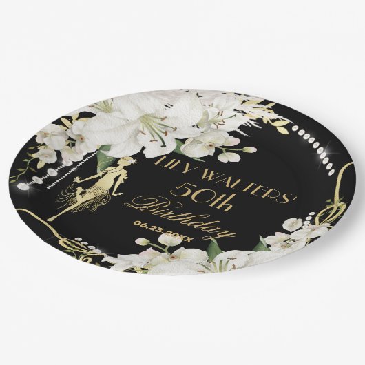 Pearls White Floral Art Deco Gatsby 20 s Geburtsta Pappteller (Schrägansicht)