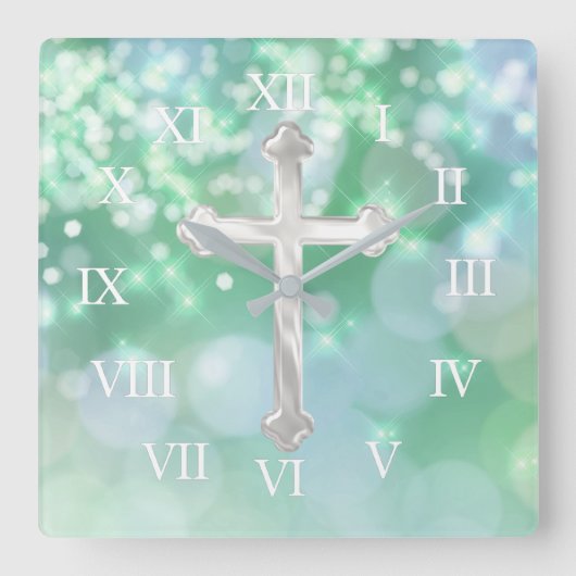 Pearly Cross mit Aqua Sparkle Quadratische Wanduhr (Vorderseite)