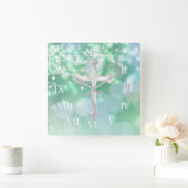 Pearly Cross mit Aqua Sparkle Quadratische Wanduhr (Zuhause)