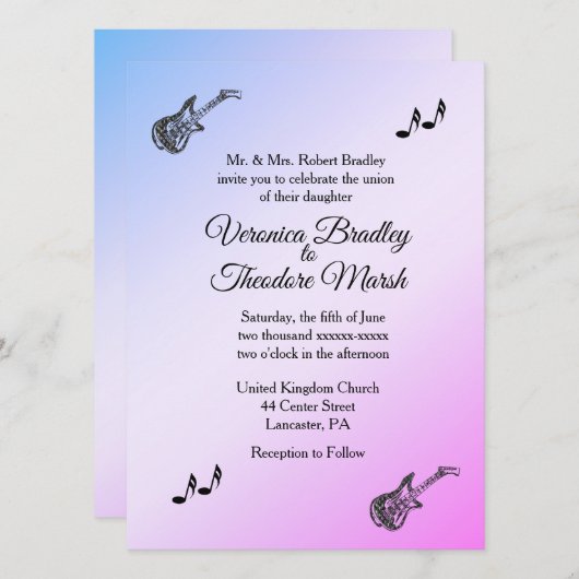 Pearly Lila Guitar Theme Wedding Einladung (Vorne/Hinten)
