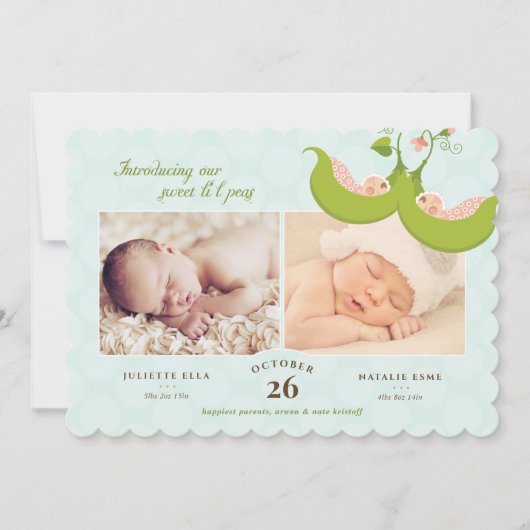 Peas in a Pod Twin Girls 2 Bilder Geburtserklärung Einladung (Vorderseite)