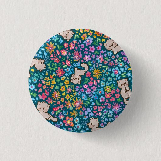 Pebbles skurriler Garten Graue Katze & Helle Blume Button (Vorderseite)