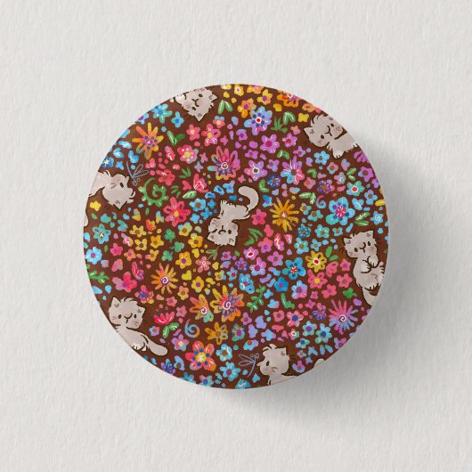 Pebbles skurriler Garten Graue Katze & Helle Blume Button (Vorderseite)