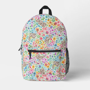 Pebbles skurriler Garten Graue Katze und helle Blü Bedruckter Rucksack