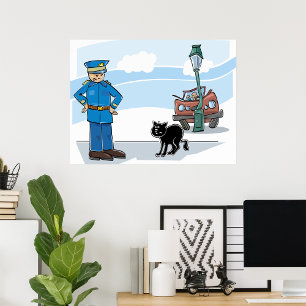 Pechschwarze Katze Polizist und Unfall Poster