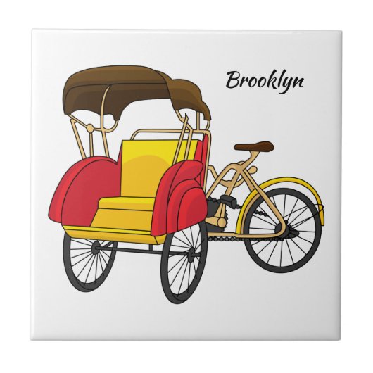Pedicab Rickshaw Cartoon Illustration Fliese (Vorderseite)
