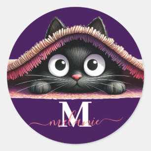 Peek-a-Boo Kätzchen Schriftzug Monogramm Mädchen Runder Aufkleber