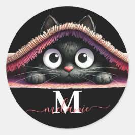 Peek-a-Boo Kätzchen Schriftzug Monogramm Mädchen Runder Aufkleber