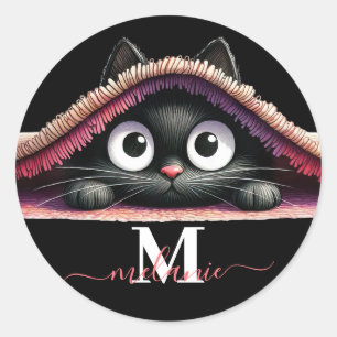 Peek-a-Boo Kätzchen Schriftzug Monogramm Mädchen Runder Aufkleber
