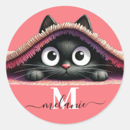 Peek-a-Boo Kitten Script Name Monogram Girls'  Runder Aufkleber