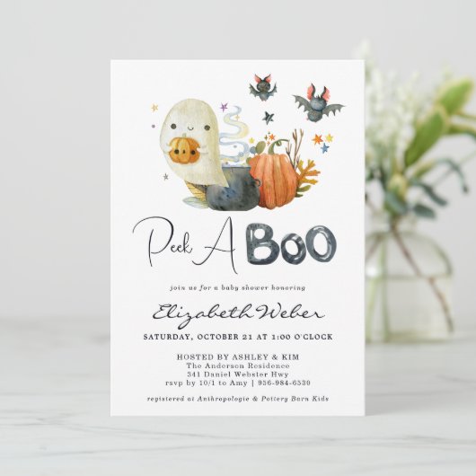 Peek A-Boo Little Ghost Halloween Baby Shower Einladung (Stehend Vorderseite)