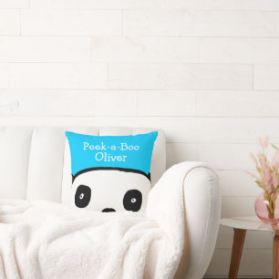 Peek-a-Boo Panda Personalisierter Name Blau Kissen