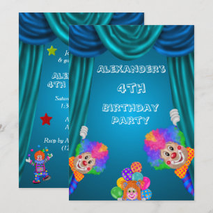 Peeking Clowns Boy's 4. Geburtstag doppelseitig Einladung